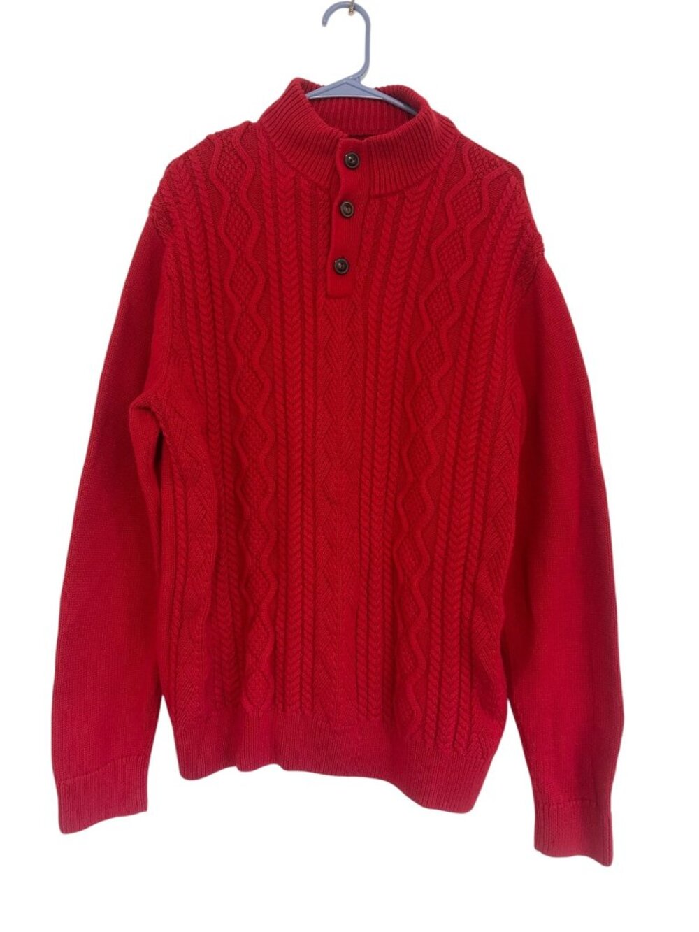 Chaps Cotton Cable Knit Fisherman Mock Neck Sweater Men Large Red Holiday Preppy